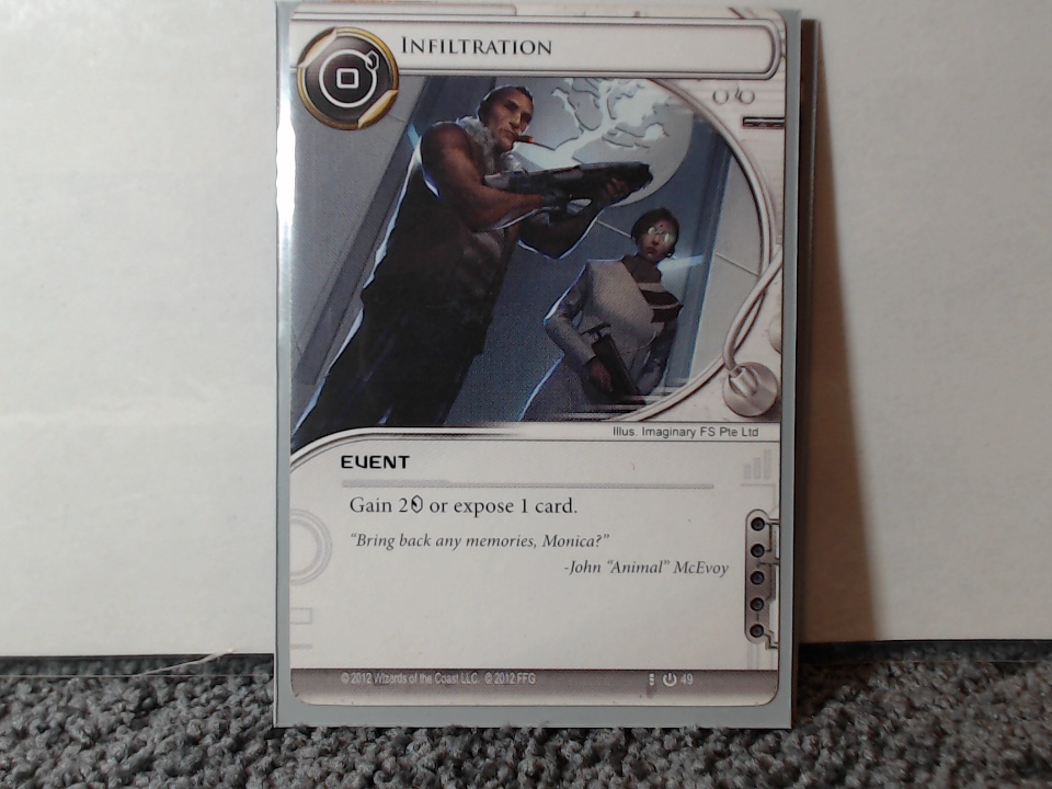 A frame from the webcam showing the INFILTRATION netrunner event card A frame from the webcam showing the INFILTRATION netrunner event card