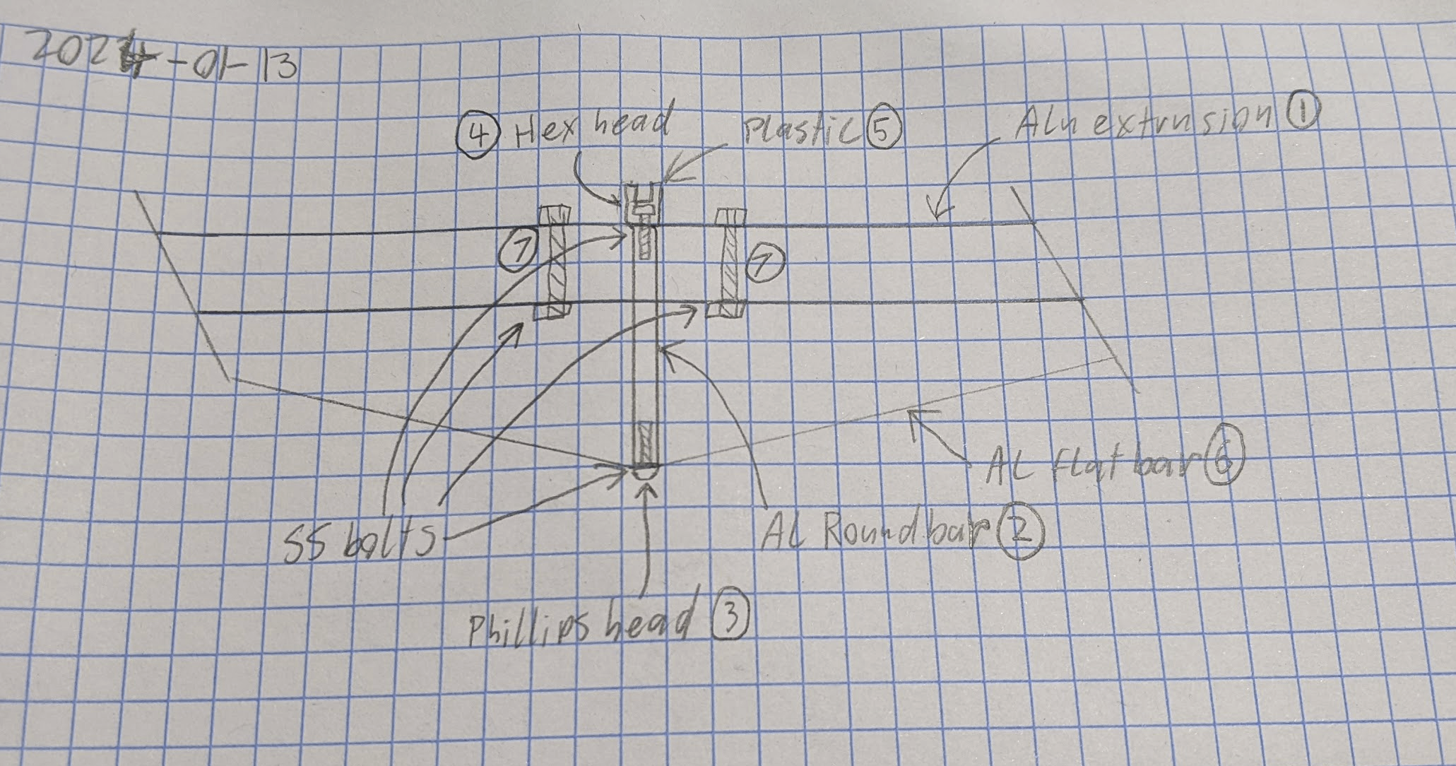 A pencil drawing diagram of the mast step arrangement on grid paper. A pencil drawing diagram of the mast step arrangement on grid paper.