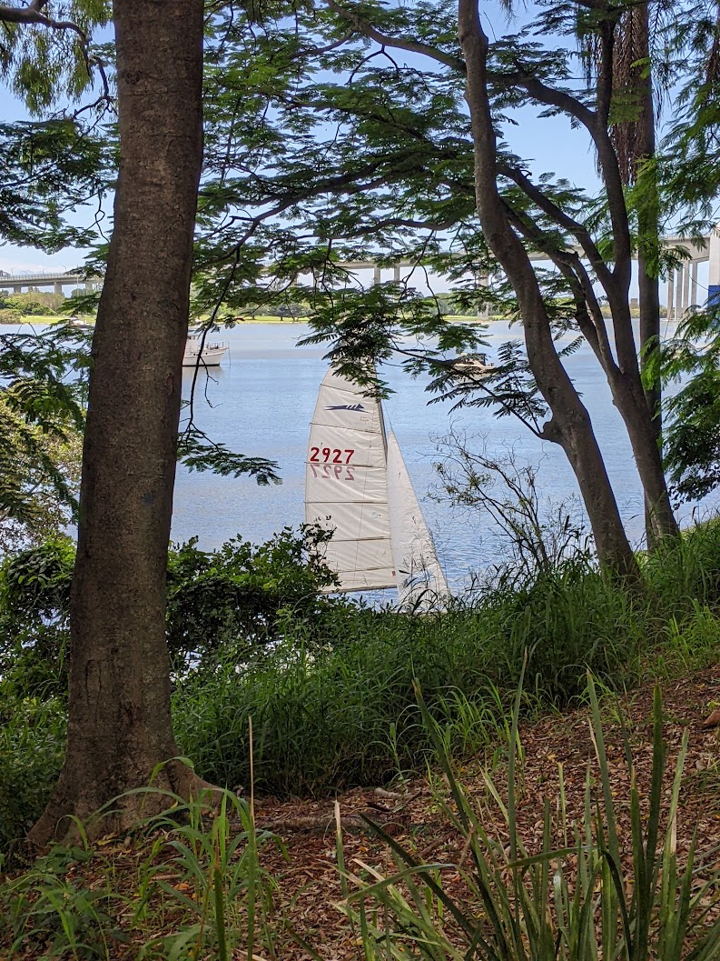 A photo of our sail visible through a gap in the trees down a hillside. A photo of our sail visible through a gap in the trees down a hillside.