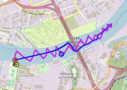 A screenshot of a map showing our sailing path down the river and back again. A screenshot of a map showing our sailing path down the river and back again.