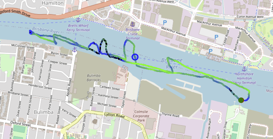 A screenshot of a map showing our sailing path up the river and back again. A screenshot of a map showing our sailing path up the river and back again.