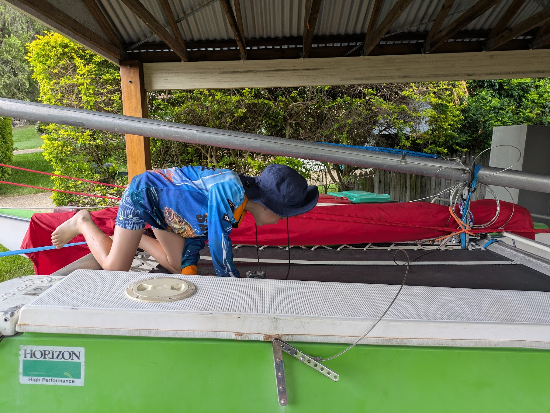 A photo of Sam on the trampoline of the boat at home A photo of Sam on the trampoline of the boat at home