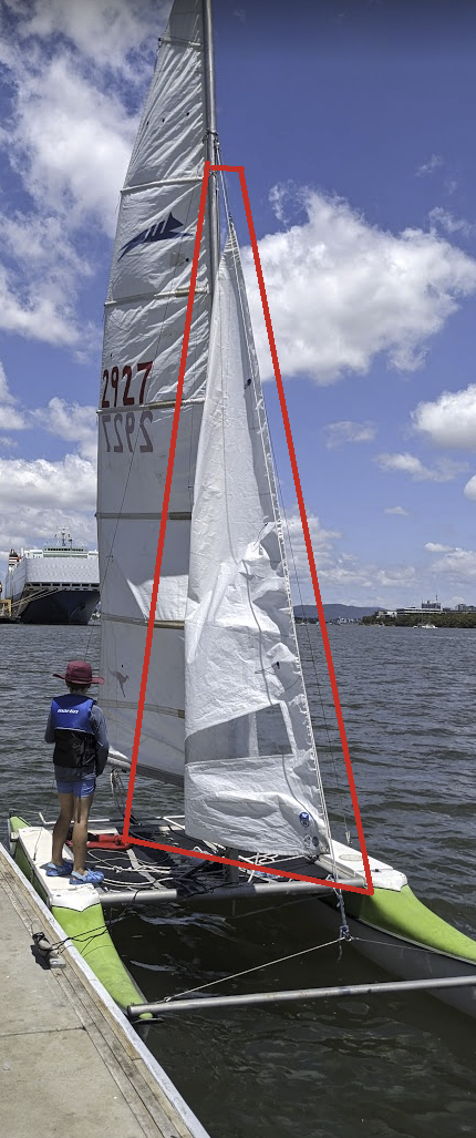 A photo of our boat with a red outline around the jib. A photo of our boat with a red outline around the jib.