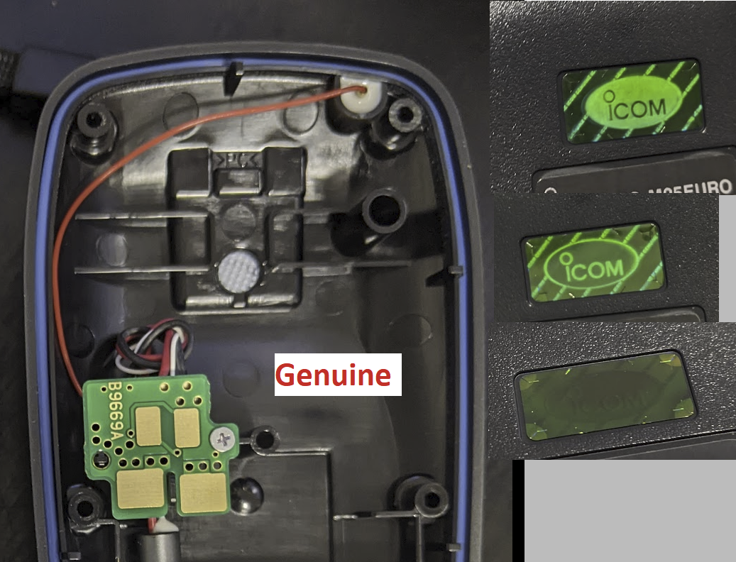A collage of photos of the inside of a genuine radio, with visible changes in the holographic sticker based on angle, and a wire connected to the immersion sensor pad. A collage of photos of the inside of a genuine radio, with visible changes in the holographic sticker based on angle, and a wire connected to the immersion sensor pad.