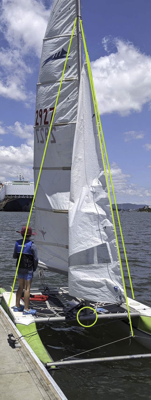 A photo of the boat at the dock with the fore and side stays highlighted in green. The mast step has a green circle around it. A photo of the boat at the dock with the fore and side stays highlighted in green. The mast step has a green circle around it.