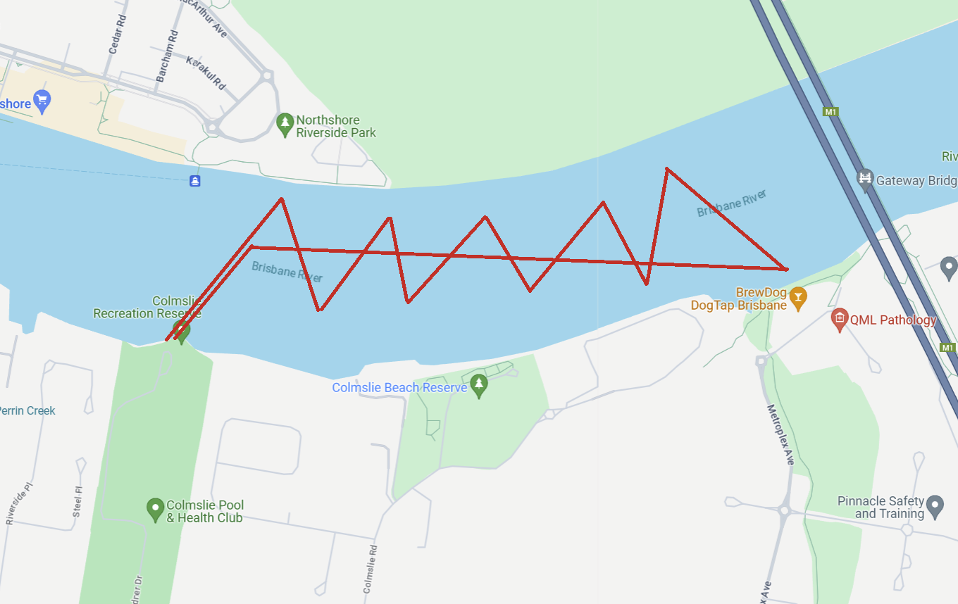 A google earth screenshot with a crudely drawn red line showing our path from the boat ramp downriver to brewdog, then back upriver to the ramp. A google earth screenshot with a crudely drawn red line showing our path from the boat ramp downriver to brewdog, then back upriver to the ramp.