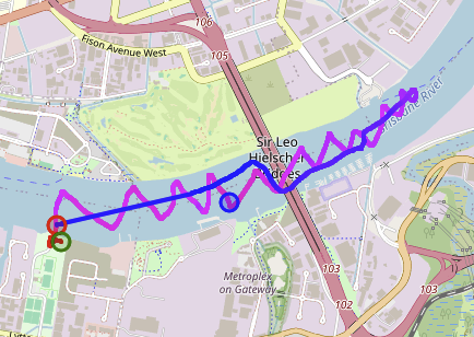 A screenshot of a map showing our sailing path down the river and back again.