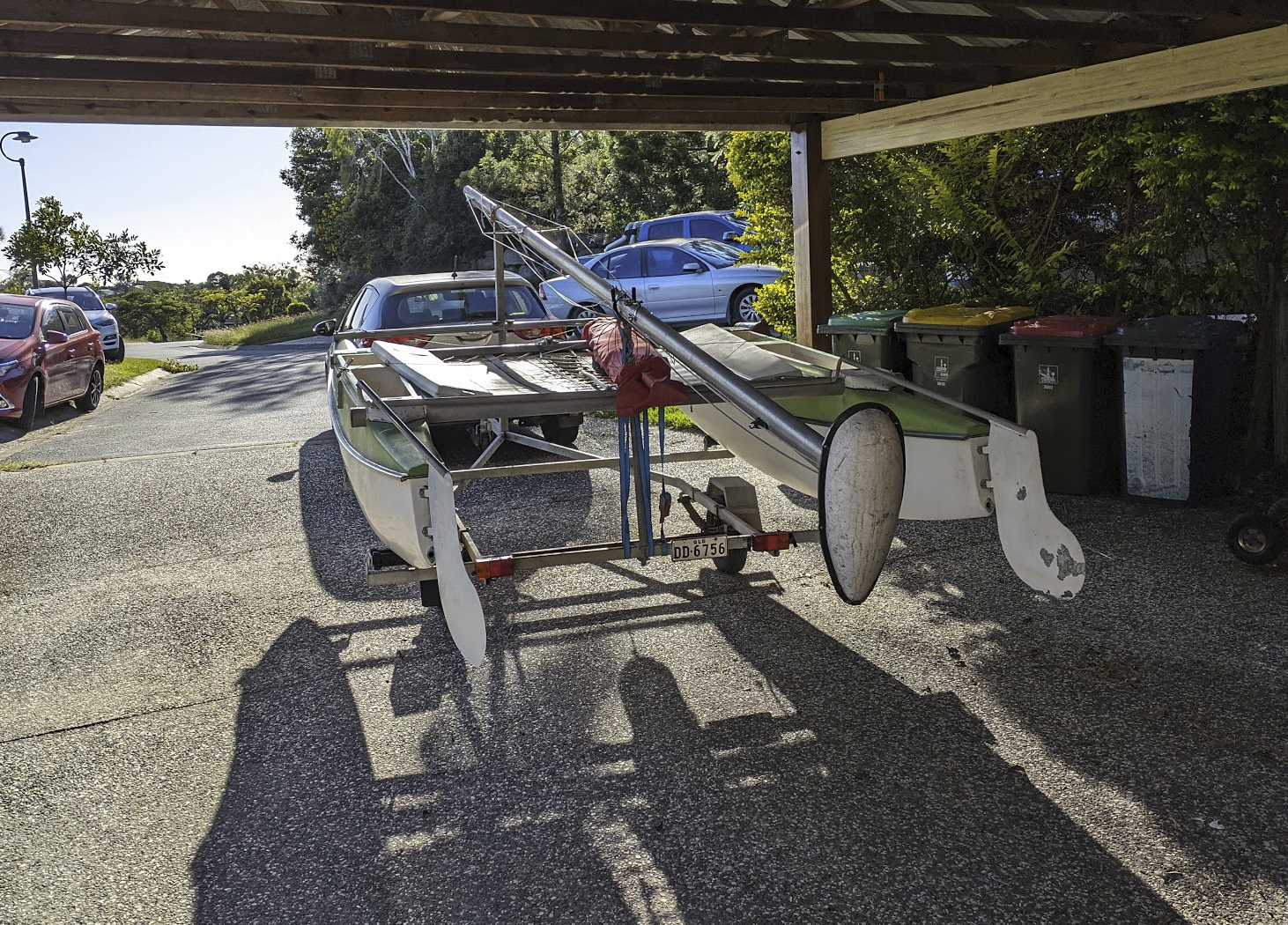 A photo of the boat on the trailer behind our car