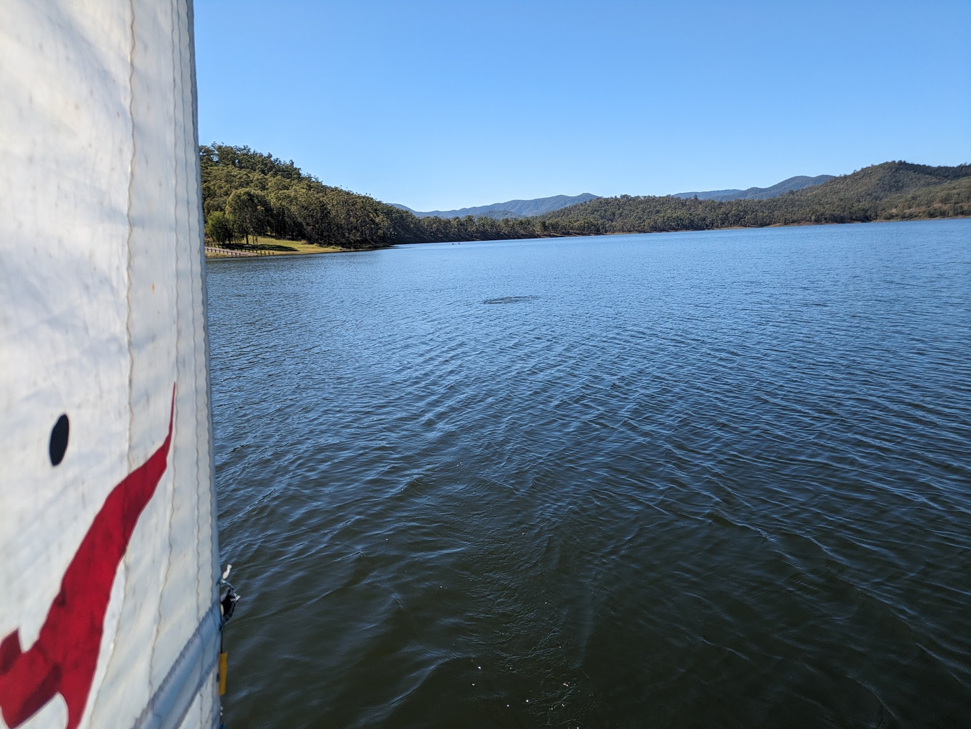 A photo off the back of our boat, looking back towards the boat ramp about 100m away. The sky is a stunning clear blue.