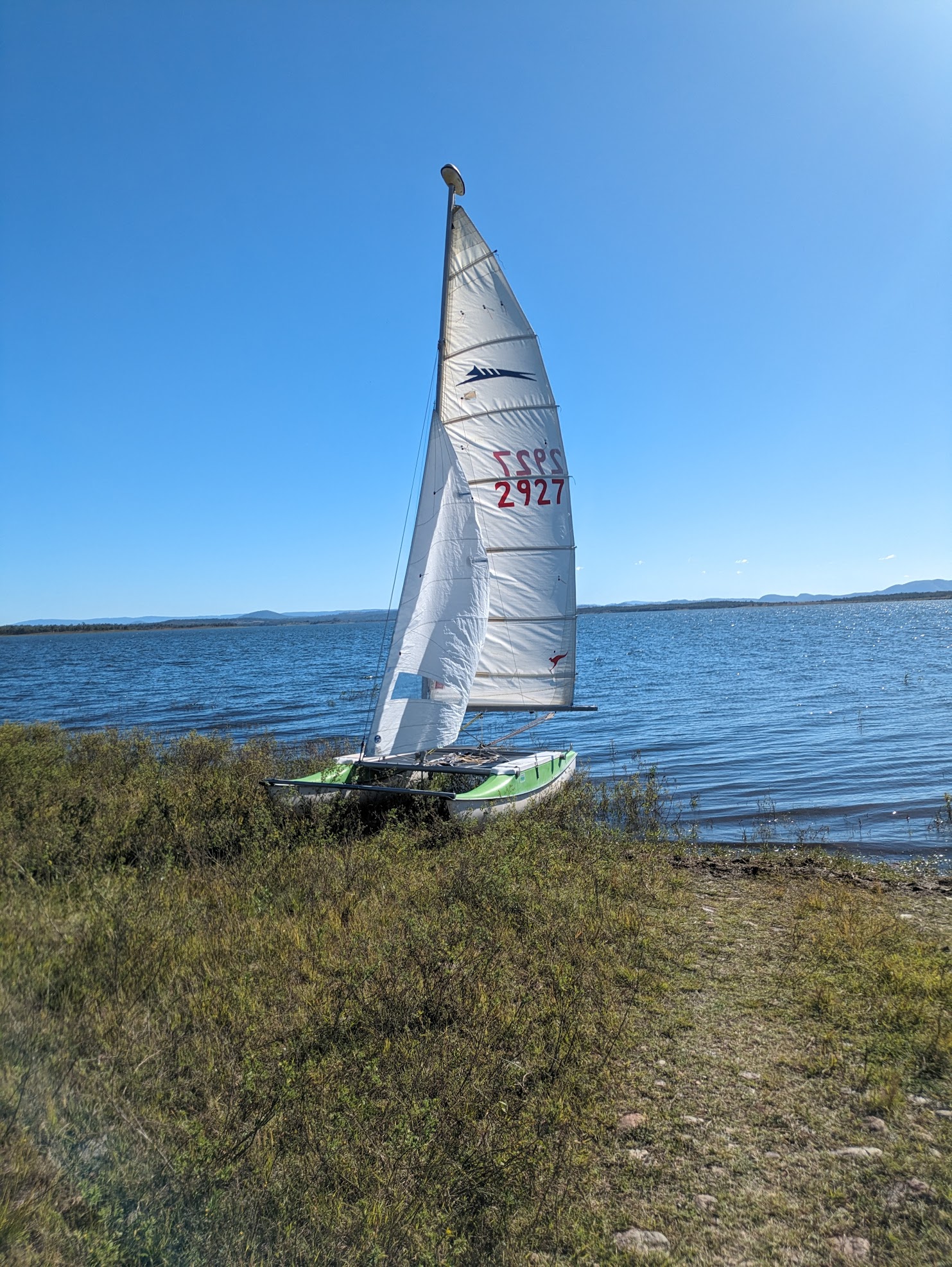 A photo of the boat pulled up into some shore scrub