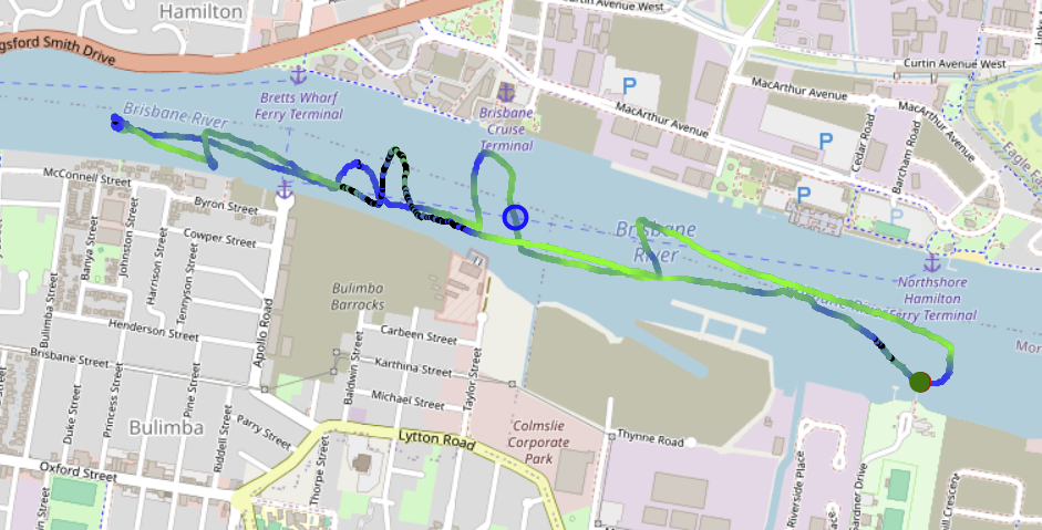 A screenshot of a map showing our sailing path up the river and back again.