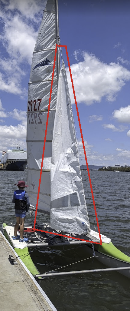 A photo of our boat with a red outline around the jib.