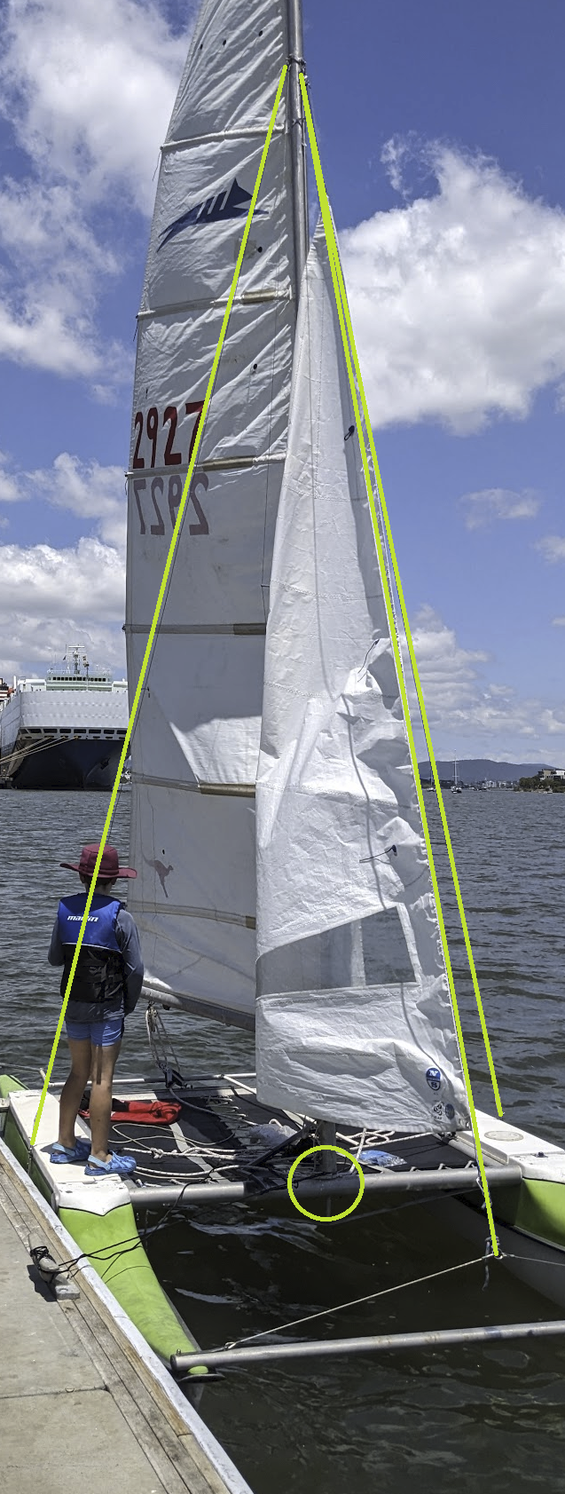 A photo of the boat at the dock with the fore and side stays highlighted in green. The mast step has a green circle around it.