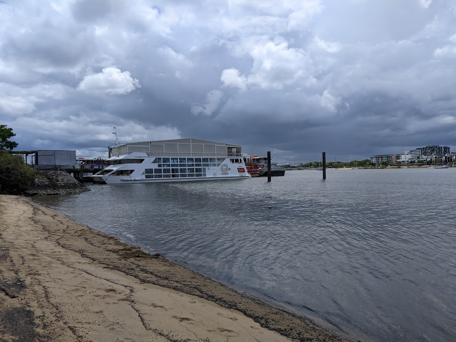 A photo of some multi-story river cruise boats.