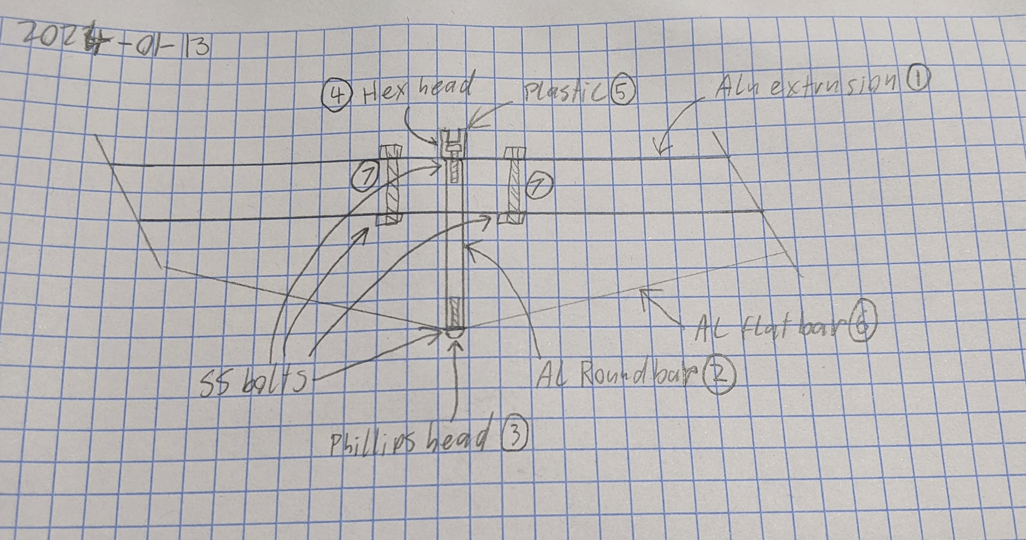 A pencil drawing diagram of the mast step arrangement on grid paper.