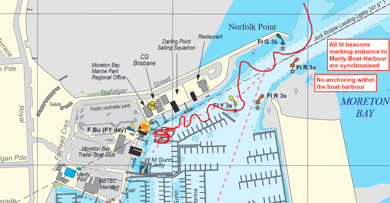 A screenshot of a chart with a drawn-on line showing our path out of the marina