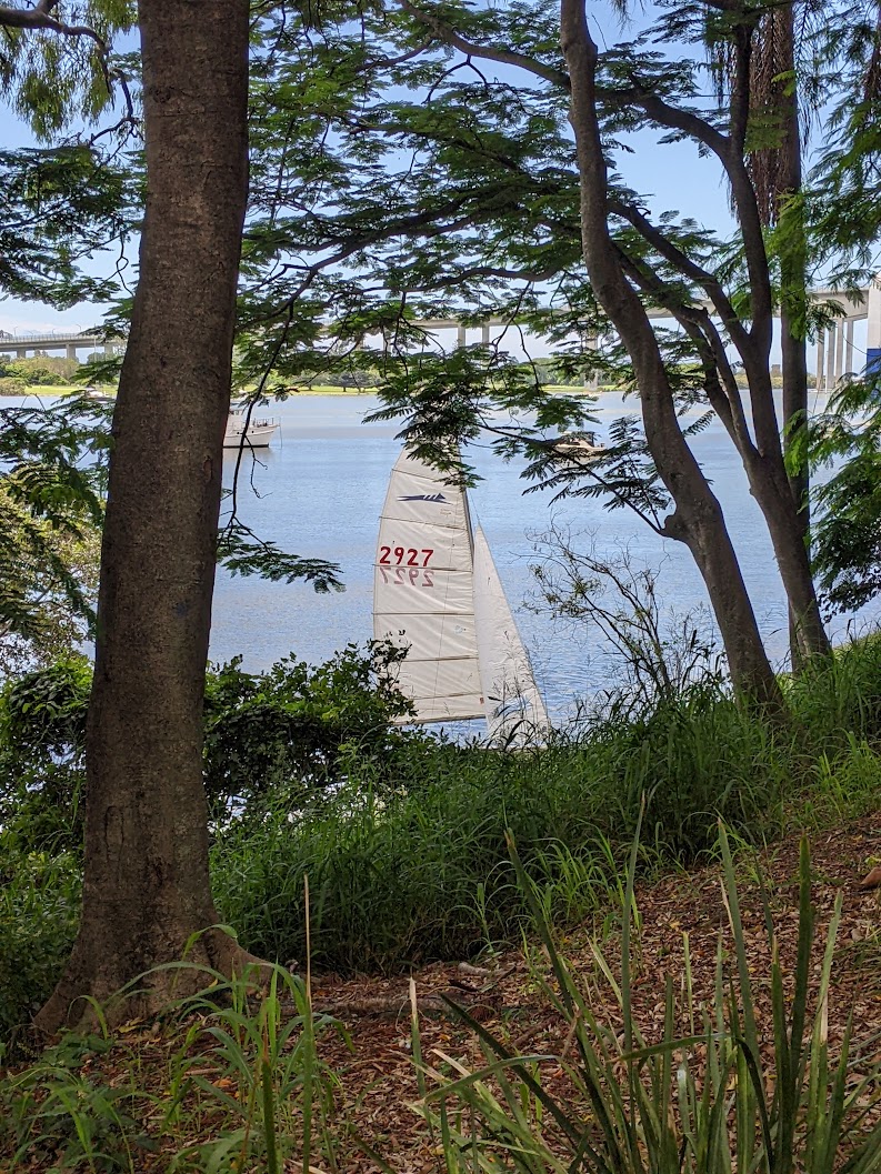 A photo of our sail visible through a gap in the trees down a hillside.