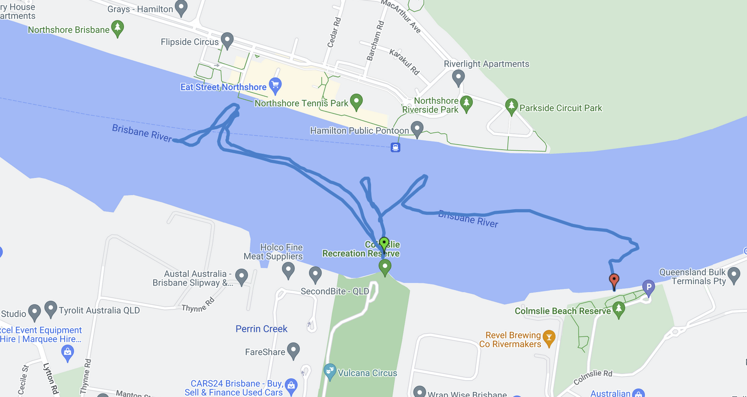 A screenshot of google maps showing the trace of the path described above.