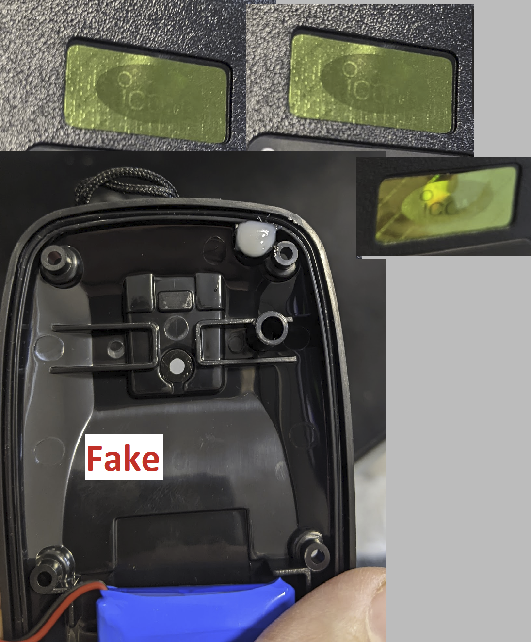 A collage of photos showing various angles of a holographic sticker and the inside of a marine VHF radio. There are only battery wires visible in the picture, no sensor wire to the blob of glue.
