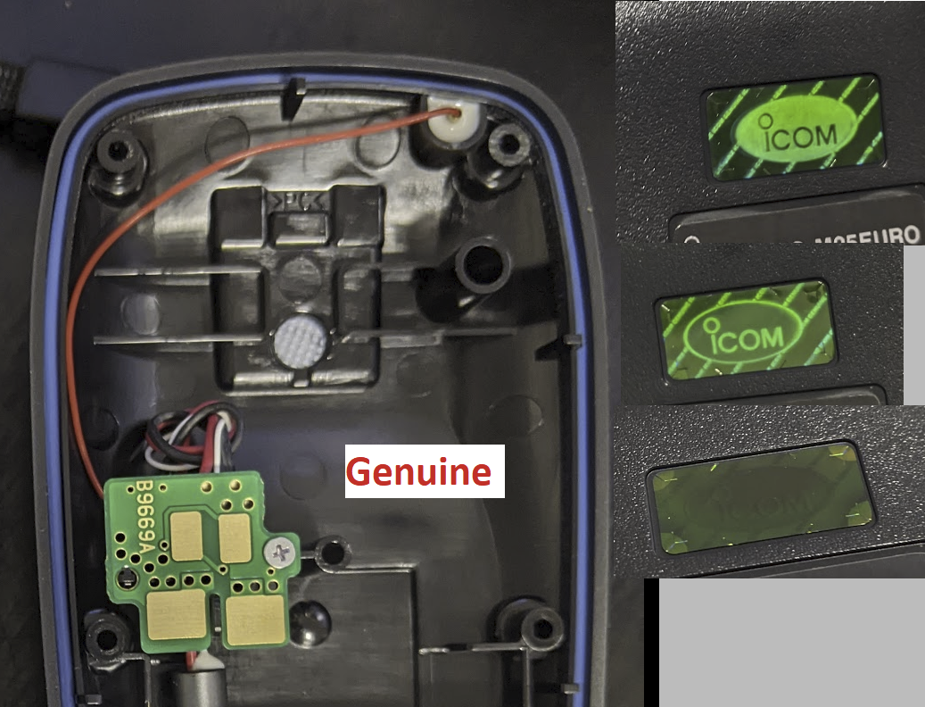 A collage of photos of the inside of a genuine radio, with visible changes in the holographic sticker based on angle, and a wire connected to the immersion sensor pad.