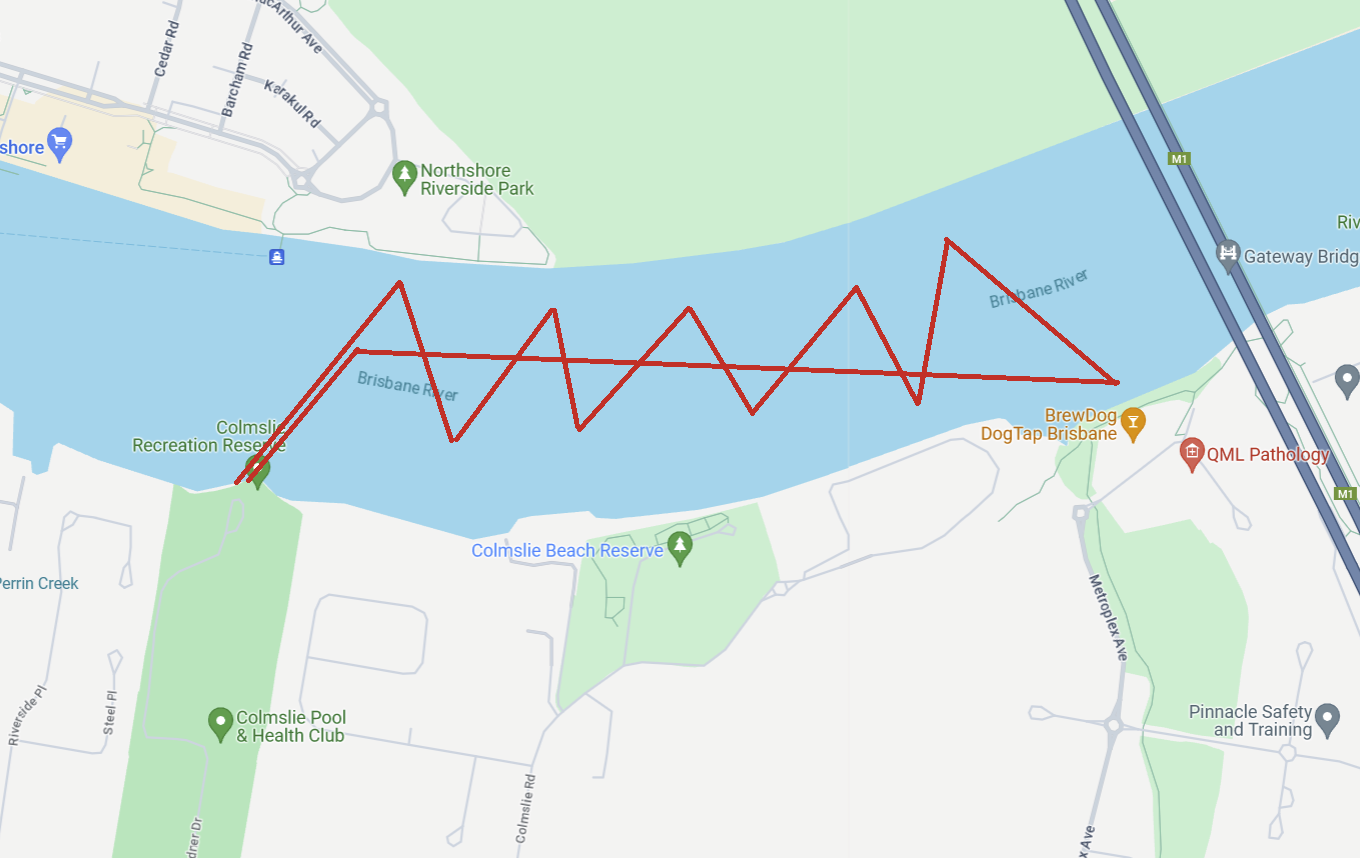 A google earth screenshot with a crudely drawn red line showing our path from the boat ramp downriver to brewdog, then back upriver to the ramp.