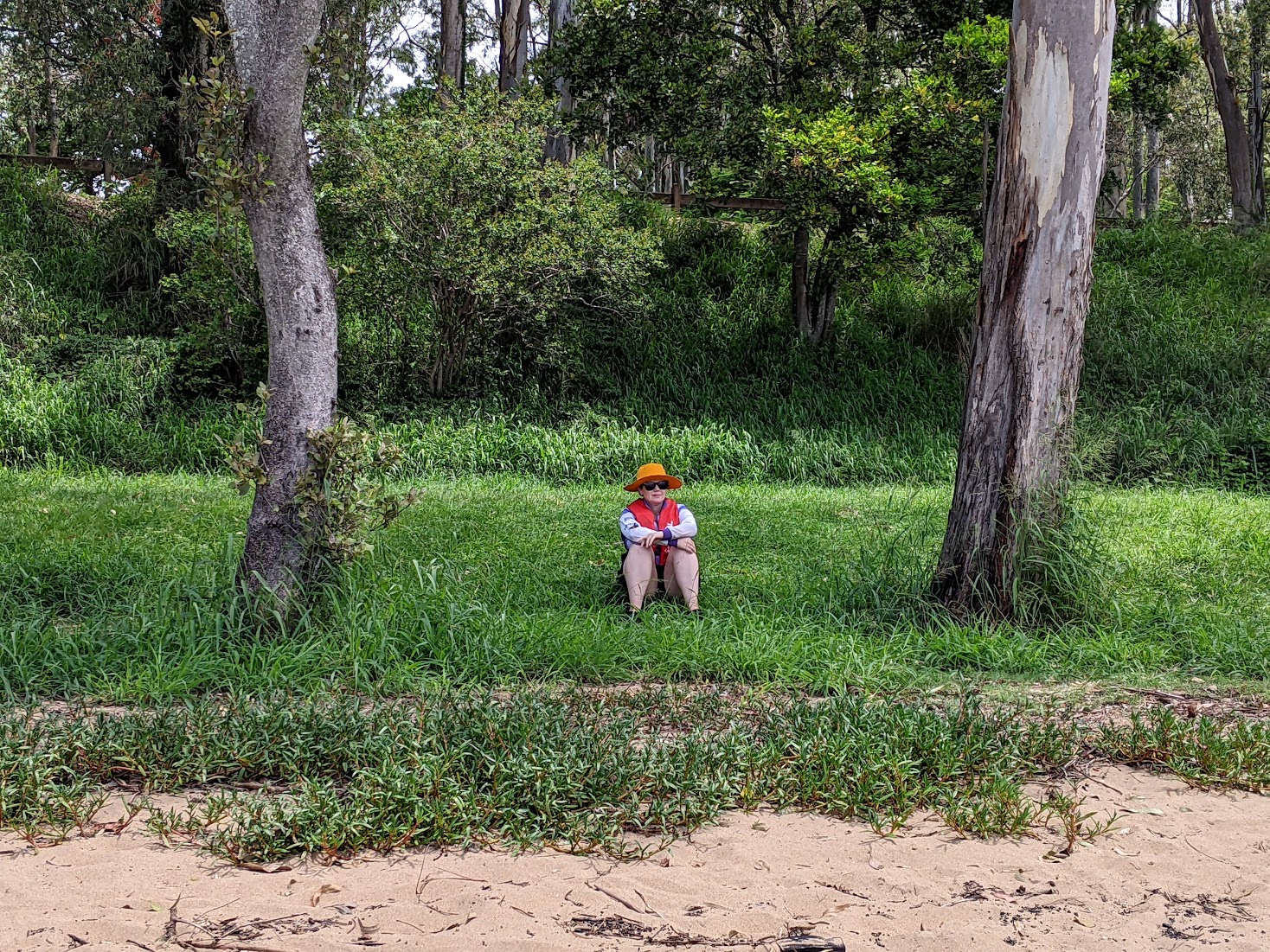 A photo of Michelle sitting on some grass between to gum trees.